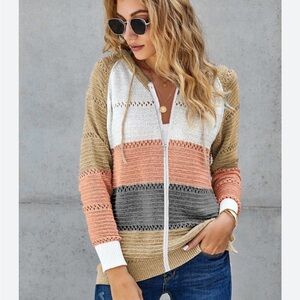 Chic Striped Full Zip Front Cardigan in Tan, White, Peach & Gray Women’s Large